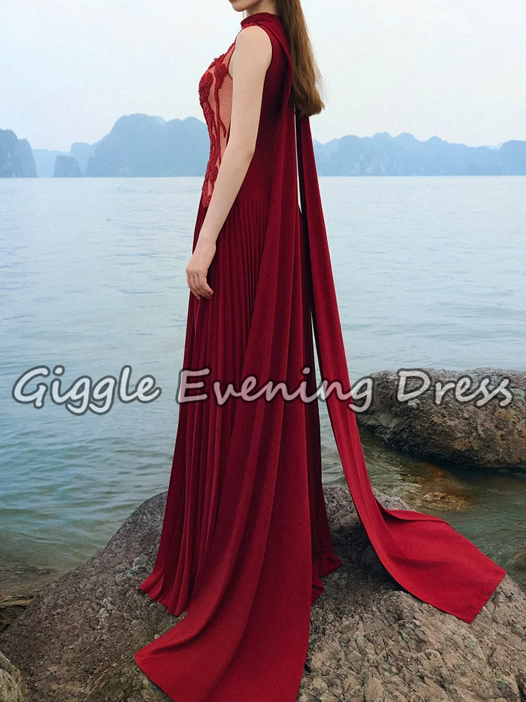 Luxe rode avondjurk hoge hals mouwloos kralen kristallen vloerlengte gedrapeerde formele jurk feestjurken op maat