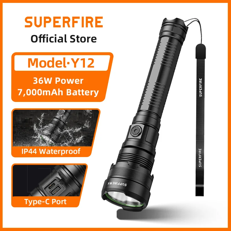 

Перезаряжаемый светодиодный фонарь SUPERFIRE Y12 36W, водонепроницаемый, мощный, 3000 люмен