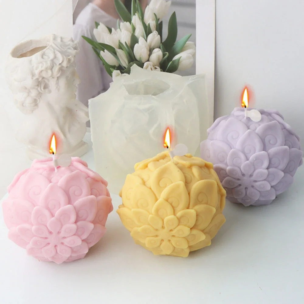 3D Trollflower Ball Candle Silicone Mold Lotus Overlapping Petal Soap Plaster Silicone Making Chocolate Mold Home Art Decor Gift