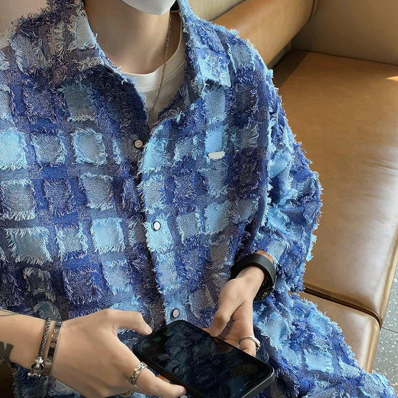 American Style Long Sleeve Shirt Plaid Color Block Youth Fashion Summer Casual Button up Top Men Women Vintage Shirt Coat