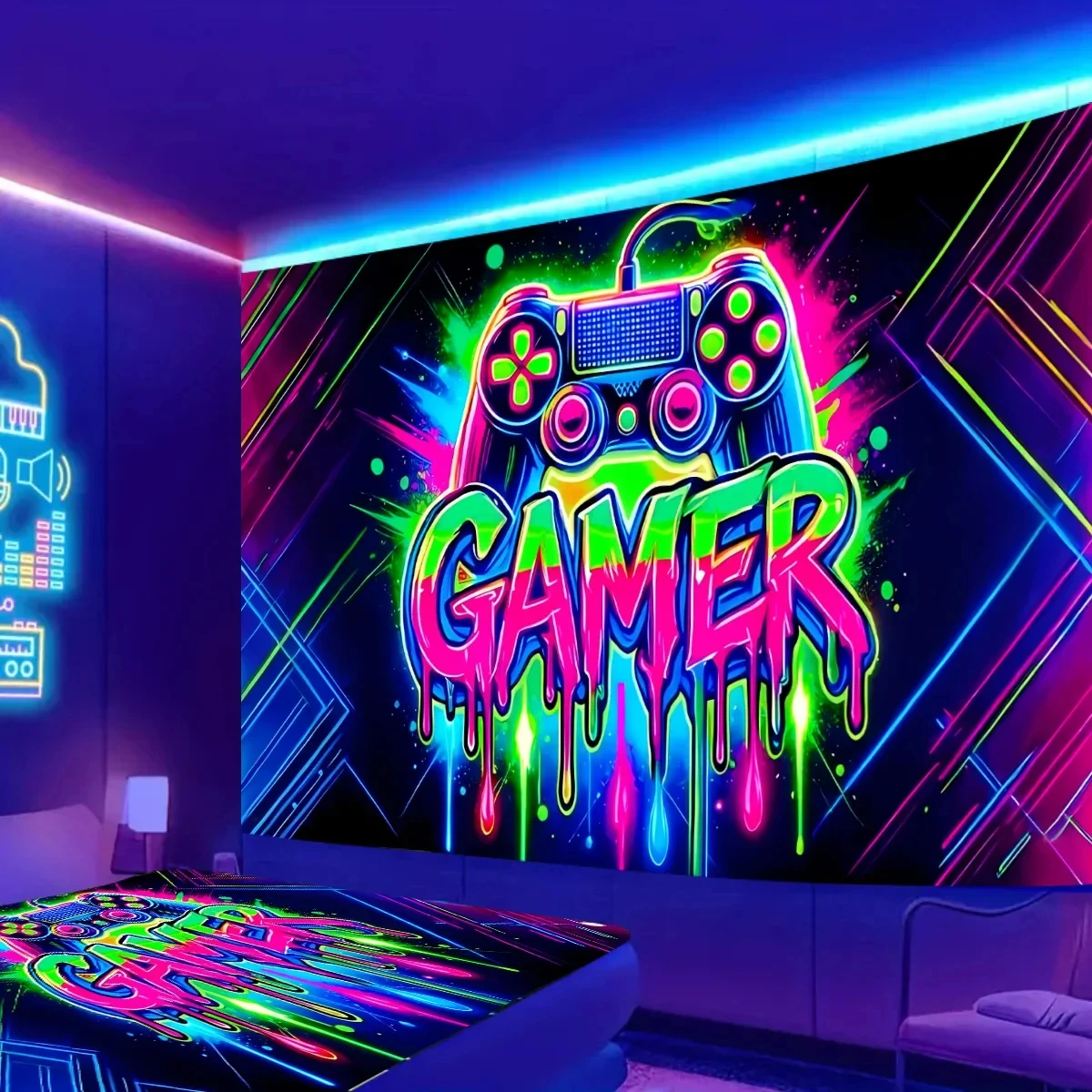 VIKAMA Neon Gamer Blacklight Tapestry Wall Hanging, 6 Assorted Designs, Wall Art Decor for Bedroom Living Room