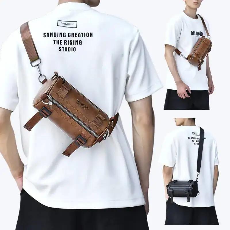 Bandolera de cuero PU a la moda para bolso de hombro tipo Bombonera, bolsos de barril informales para hombre, bolsos de mensajero circulares para hombre