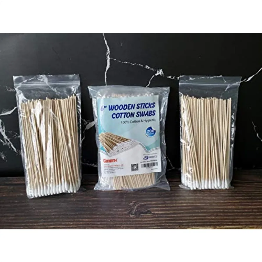 Gmark 200 pezzi Conteggio 6 tamponi di cotone Bastoncini di legno Applicatore con punta di cotone GM1091A