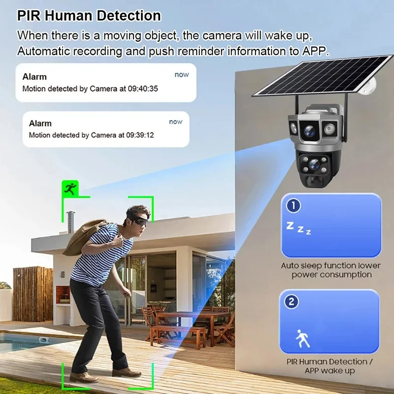6K 12MP камера наблюдения за солнечной энергией Wi-Fi IP-камера безопасности с солнечной панелью двойной объектив CCTV видео PIR обнаружение движения V380PRO