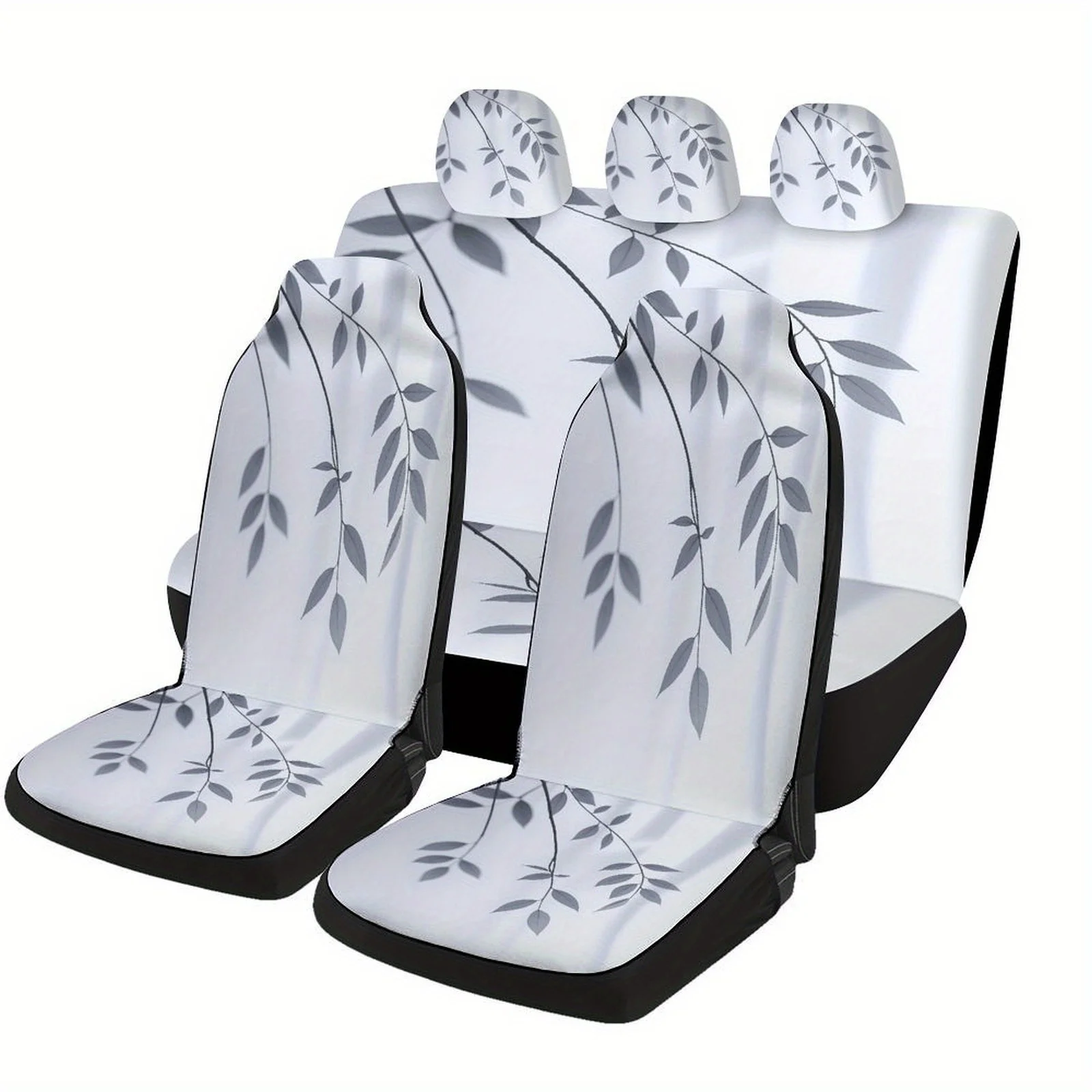 

Elegant White Car Seat Covers With Black Leaf Pattern - Universal Fit, Machine Washable, All-Season Comfort For Men And Women, S