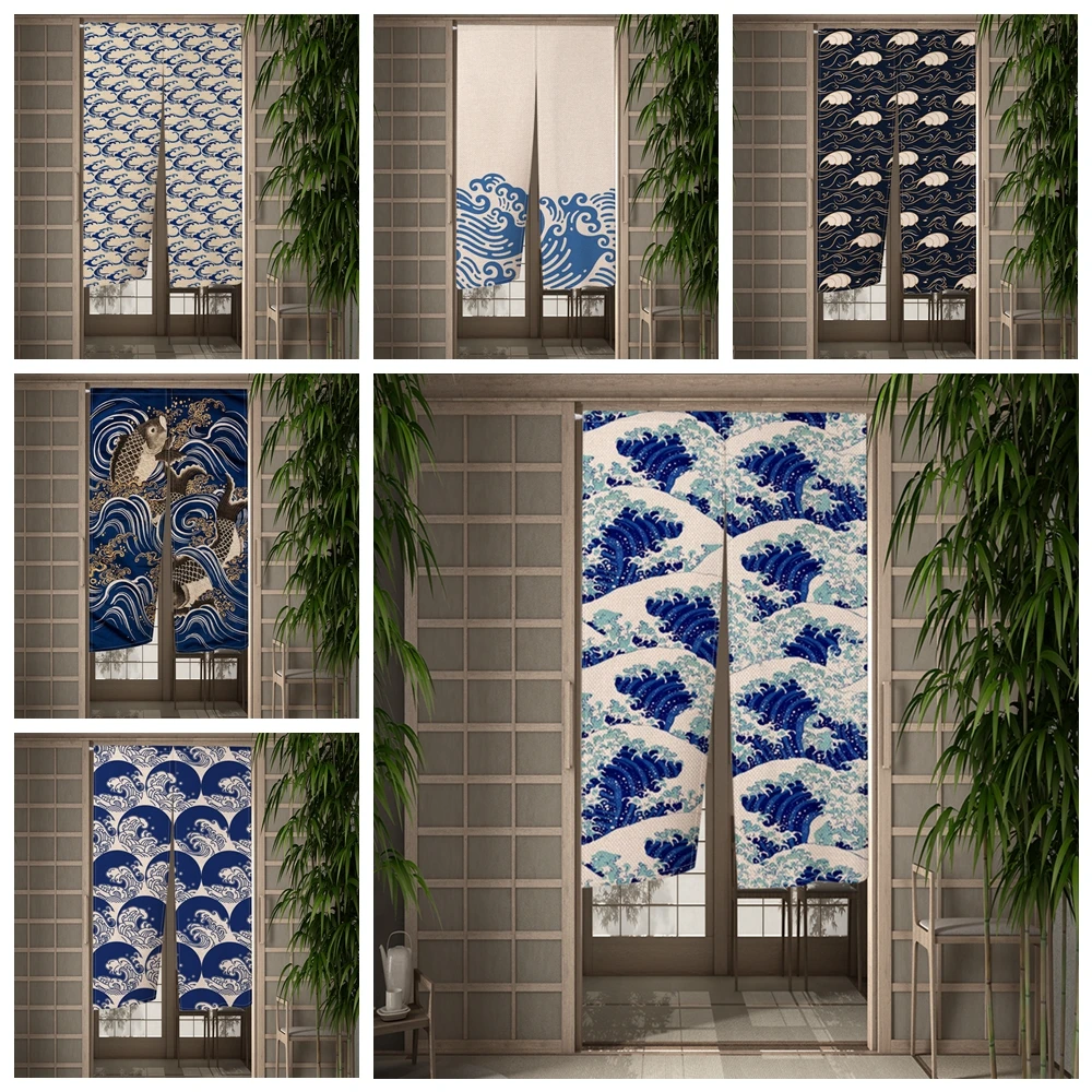 

Japanese Door Curtain Kanagawa Waves Ukiyo-e Printed Doorway Curtain Room Kitchen Partition Drape Entrance Hanging Half-Curtains