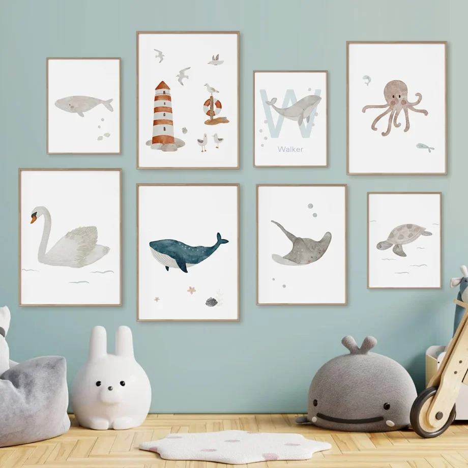 اسم مخصص الحوت الأخطبوط السلاحف سوان البحر الحيوان الحضانة الرسم على لوحات القماش الجدارية المشارك والمطبوعات صورة الطفل غرفة الاطفال ديكور #2