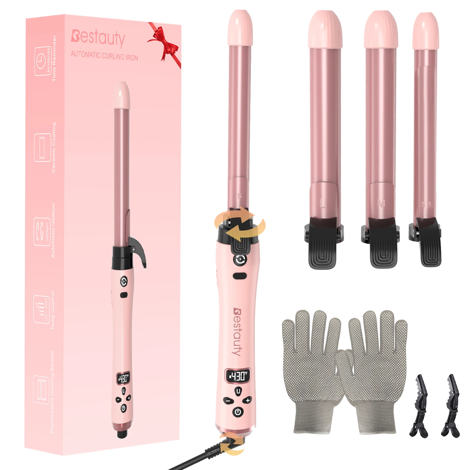 Hair Curler Ceramic Curling Iron Wand Set With Interchangeable Ceramic Barrel & Hair Clip & Heat Protective Glove Hair Tongs