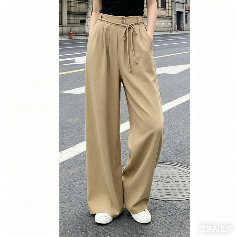 2026 Loose Lace-up Tie Waist Pleated Long Pants Spring Women's High Waist Trousers New Solid Color Casual Office Wide Leg Pants