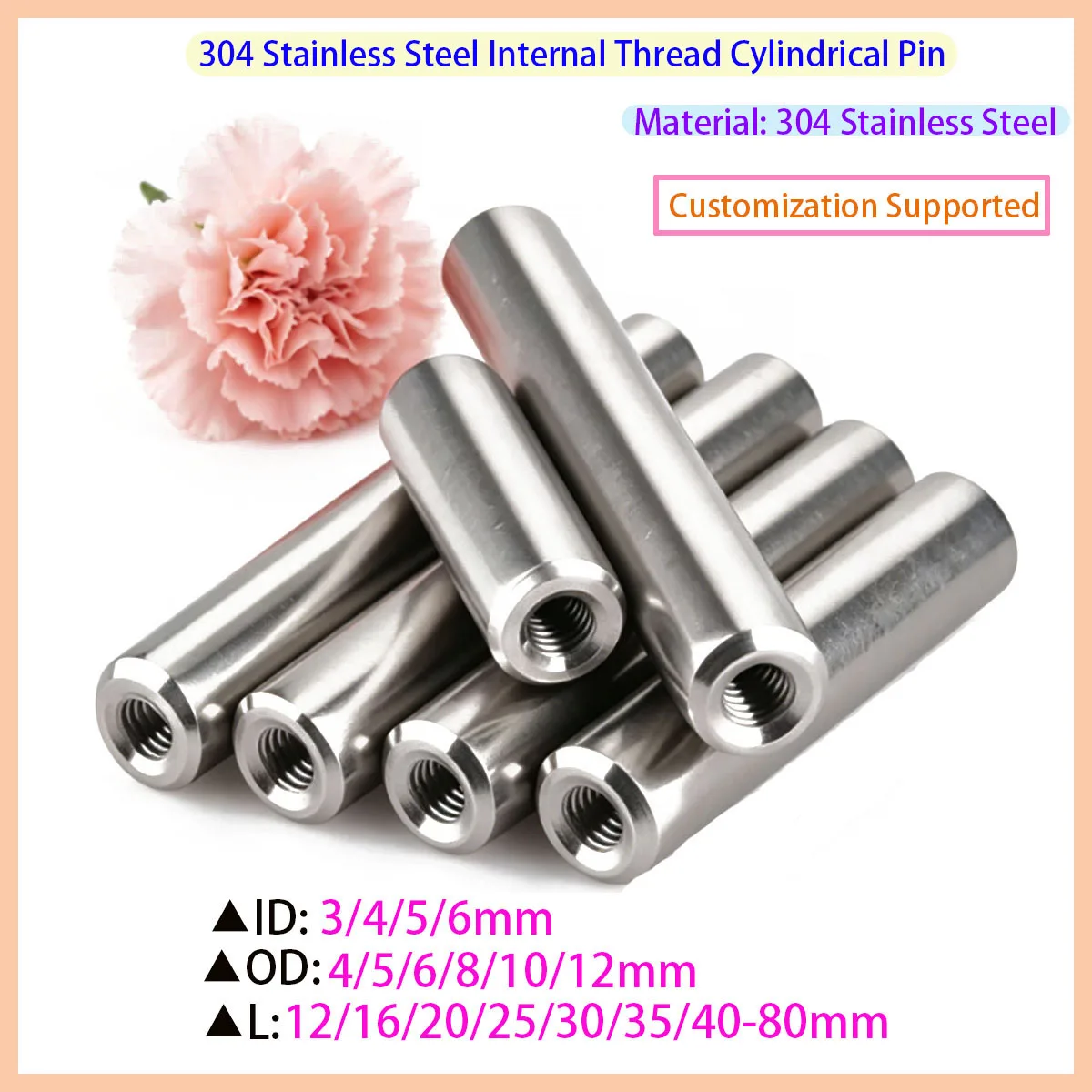 304 Stainless Steel Internal Thread Cylindrical Pin Internal Thread Positioning Pin M3 M4 M5 M6 Outer Diameter 4-12mm