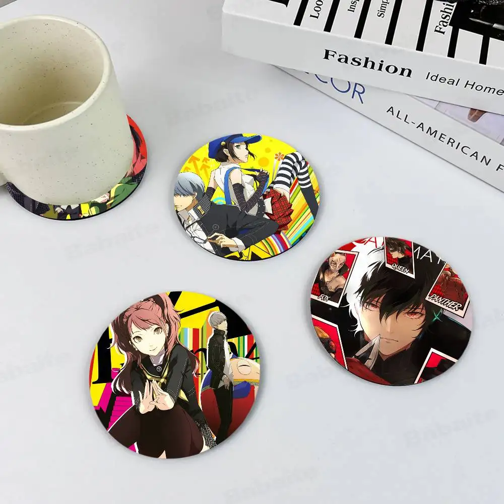 P-Persona 3 4 5 Royal Anima Game Wood Coaster Set - Heat Resistant for Tea & Coffee, Home Cafe Decor Holiday Gift