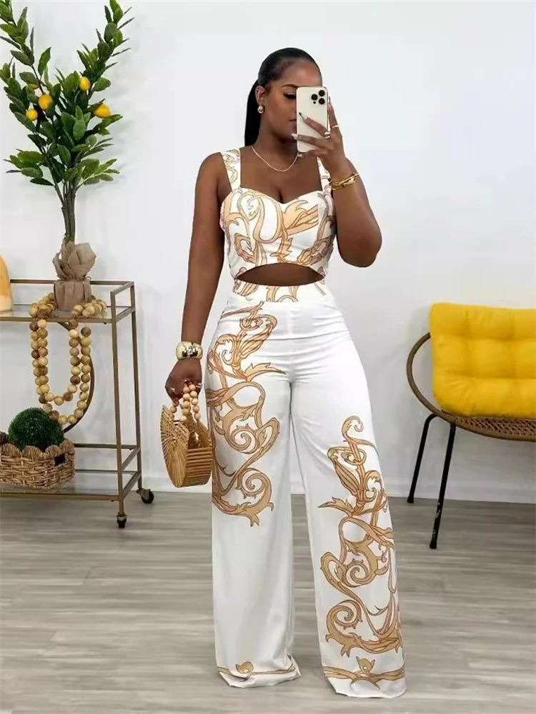 Wmstar Women Two Piece Set Summer Sexy Print Sleeveless Sling Fashion Halter Crop Top Set Wide Leg Pants Beach Holiday Outfits