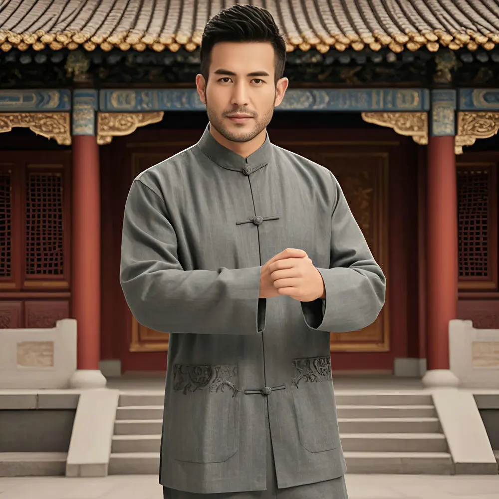 

Gray Beige Tunic Tang Coat For Men Oriental Style Tangzhuang Pocket Embroidery Mandarin Collar Jacket Outerwear Old Money Inspo