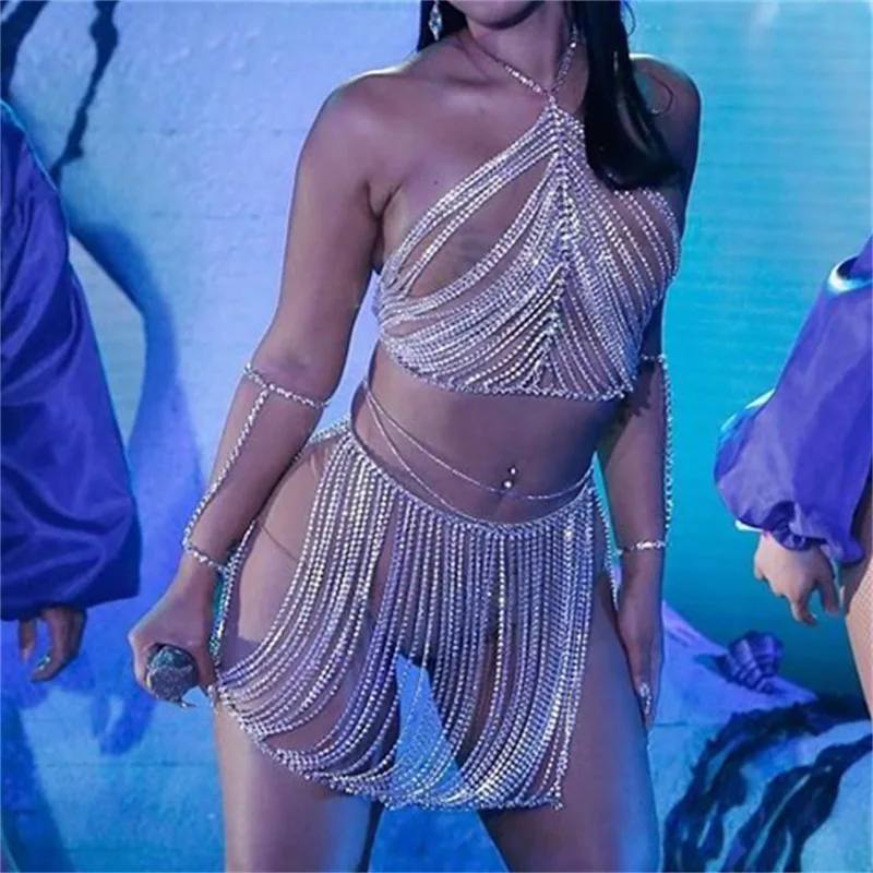 Body Jewelry Bikini crystal Bra Chain Tassels Skirt Chain Sexy Grid type Dress Chain Night Club T Stage Catwalk Body Chain