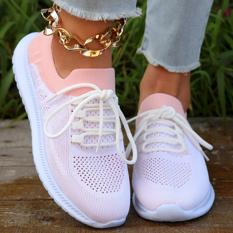 Women Casual Shoes Fashion Breathable Walking Mesh Flat Shoes Sneakers Women Vulcanized Shoes Female Round Toe Lace-up Footwears