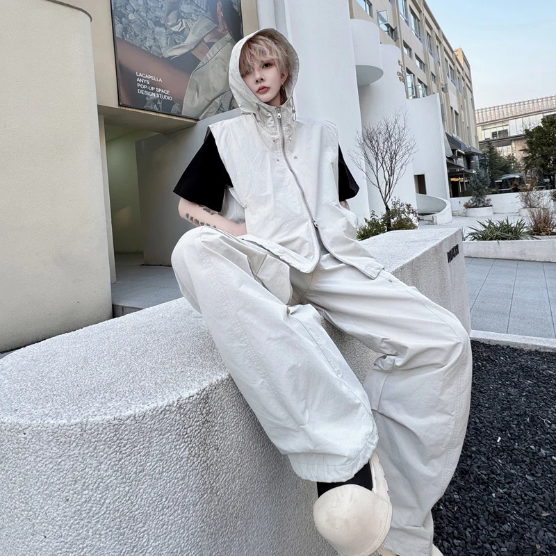 

Summer Thin Hooded Vest Two-Piece Set Wide Leg Sports Casual Pants Men's Set Sports Casual American Sle No Brand