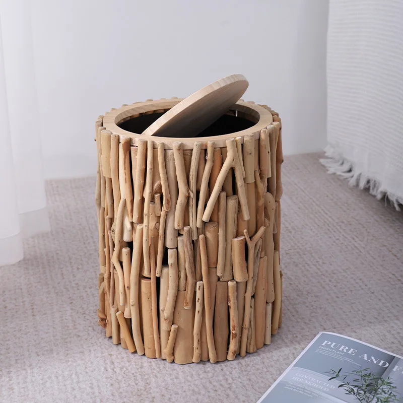 

Nordic style trash can, log household simple with cover, high-end living room trash can, creative homestay office trash can