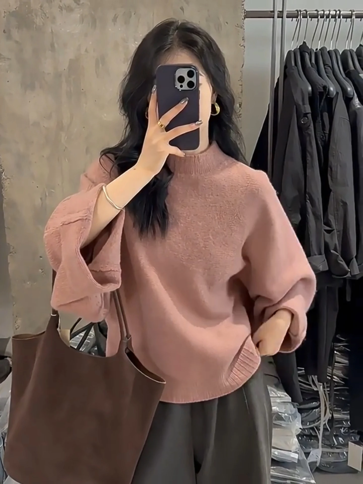 الوردي عالية الياقة فضفاضة Batwing Sve سترة المرأة الخريف الشتاء لينة مريحة محبوك أعلى التخسيس تصميم فريد Sle