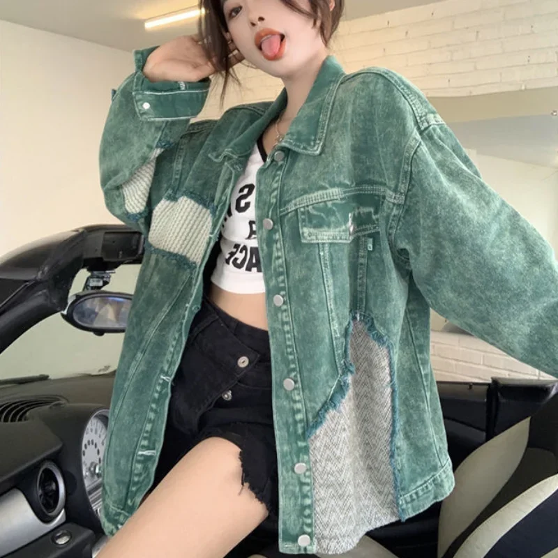 Hole Sale Spring Autumn Female Jeans Coat Patchwork Graphic Green Ripped Outerwears Long Trench Women\'s Denim Jackets with Print