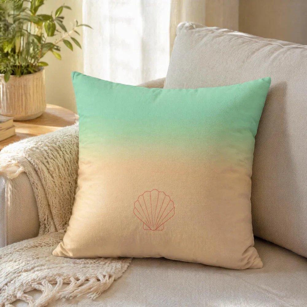 Soft Pastel Teal Beige Gradient Square Throw Pillow Complete Cushion with Seashell Line Print Minimalist Coastal Home Decor