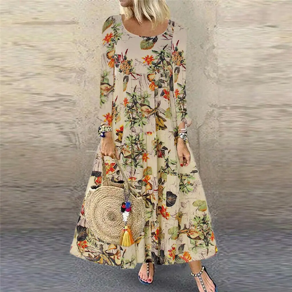 Vestido Largo con Estampado Floral Retro, Estilo Vintage, para Mujer, Éxito de Ventas en Tienda Independiente