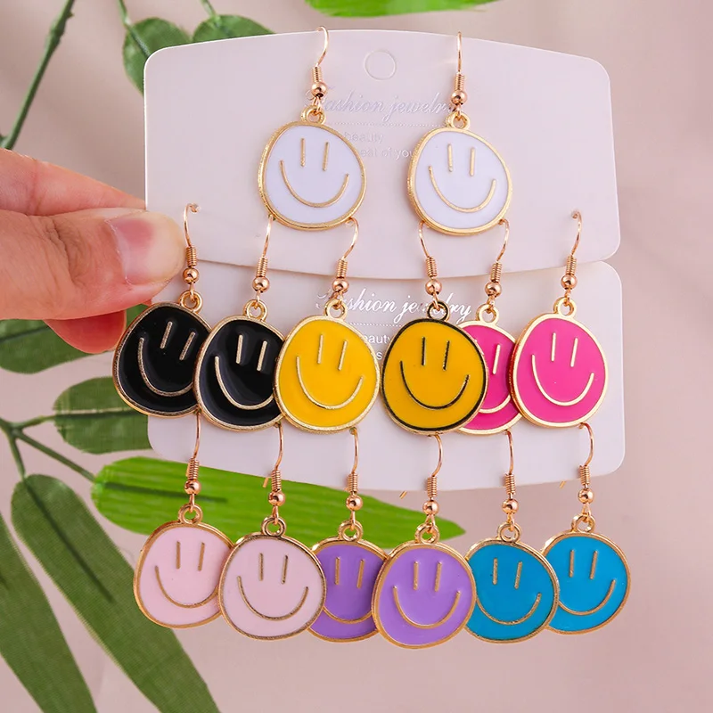 Cute Cartoon Colorful Smiling Face Earrings Fashion Enamel Dangle Earrings For Girls Women