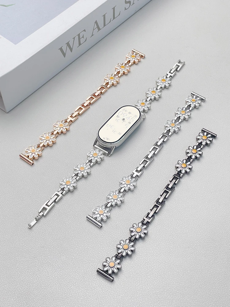 Women Daisy Flower Metal Chain Strap for Mi Band 10 9 8 Small Floral Enamel Bracelet Replacement Wristband for Xiaomi 8pro 9pro