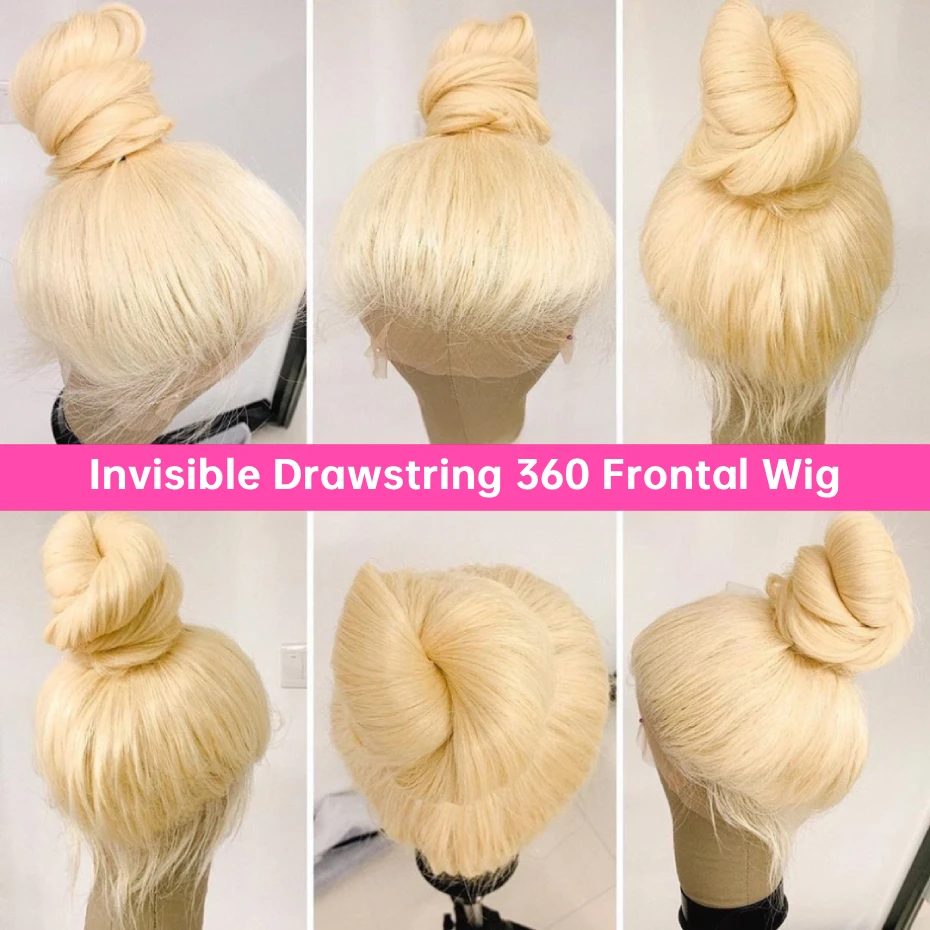 613 360 Invisible Drawstring Lace Frontal Wig Ponytail Pre Plucked Straight 13x4 13x6 Lace Front Human Hair Wig Glueless 5x5 Closure Wig Brazilian Honey Blonde Colored Human Hair Wig 250 Density Adjustable Invisi Strap Wigs