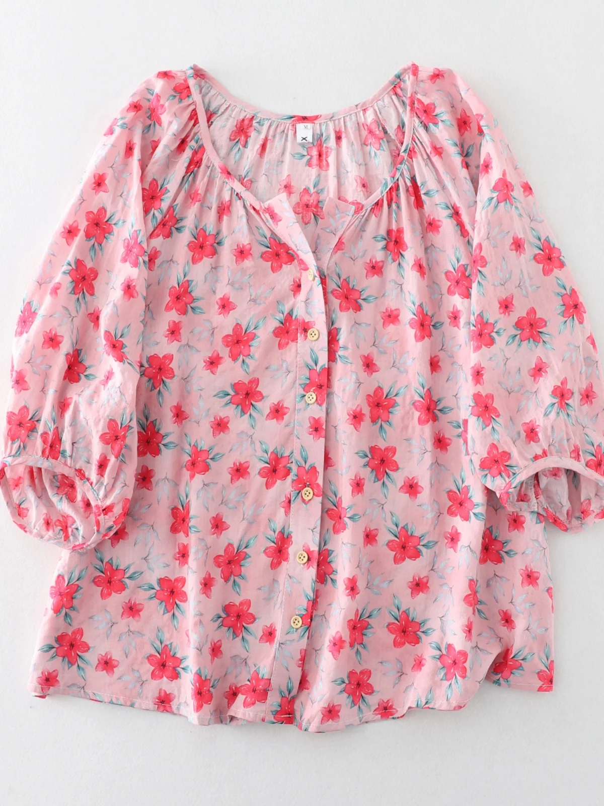 Retro Floral Cotton Linen Shirt Women Loose Meat Cover Lantern Sleeve Doll Shirt Trendy V-neck Print Commute Style Regular Sl...