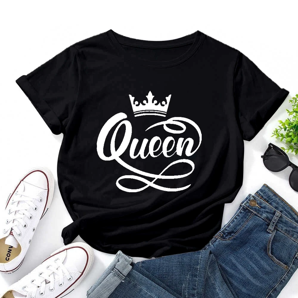 

King Queen Women T-Shirt Imperial Crown Printing female Clothes lovers Tee Shirt Femme Summer 2023 News Casual O-neck Tops