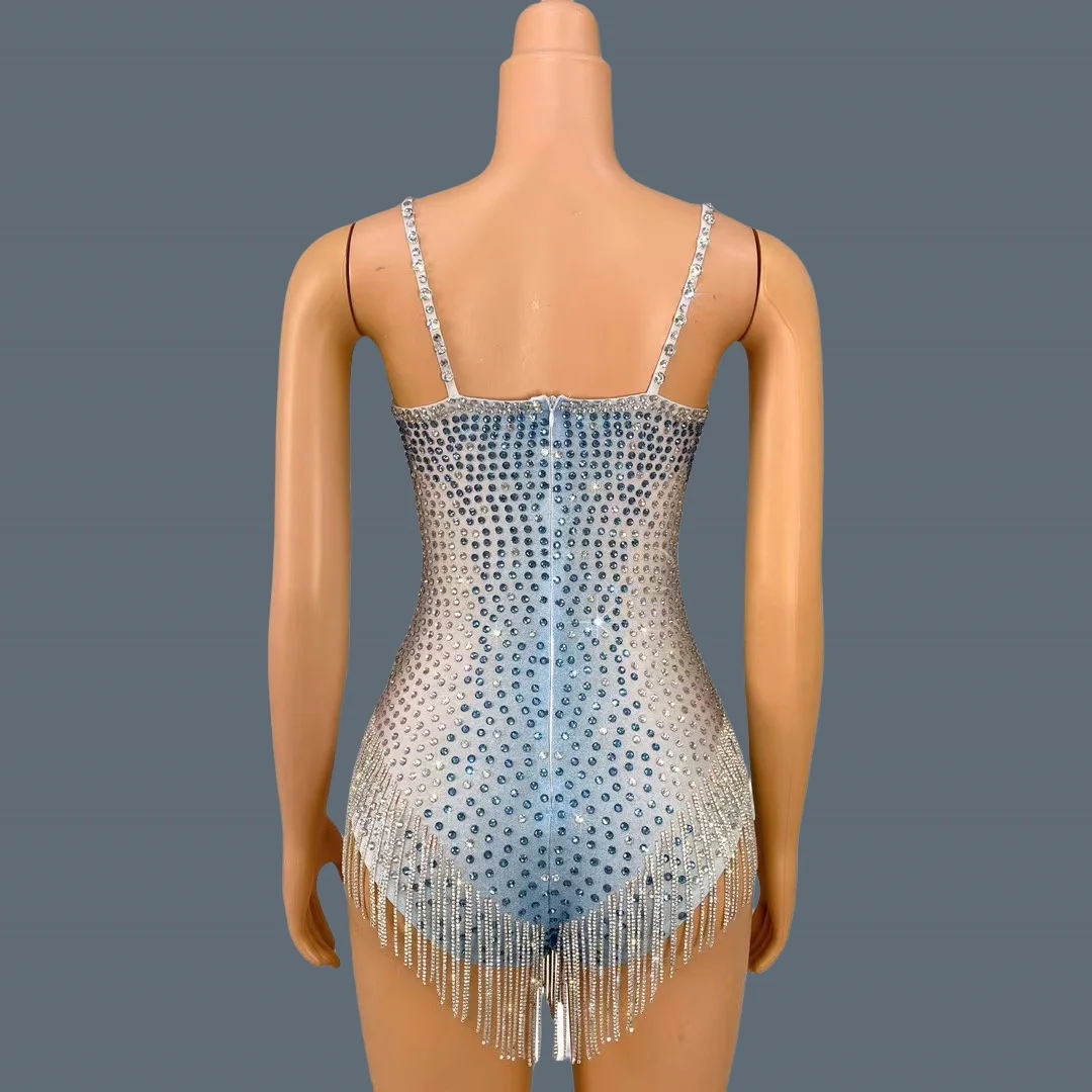 Sparkly Rhinestone Sleeveless Deep V Spandex Bodysuit Nightclub Showgirl Dance Show Crystals Tassel Skinny Bodysuit Bingqilin