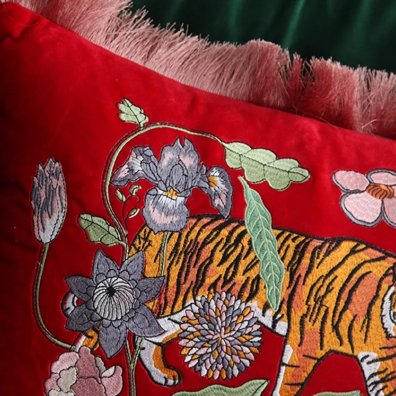 Tiger Pillow Luxury Red Velvet Embroidery Cushion Case Decorative Pillow For Sofa 30x50CM Jungle Flora Living Room Decoration