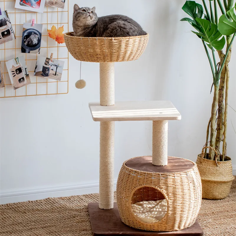 Woven nest cat climbing frame cat nest cat tree integrated jumping platform small rattan cat house sisal pillar