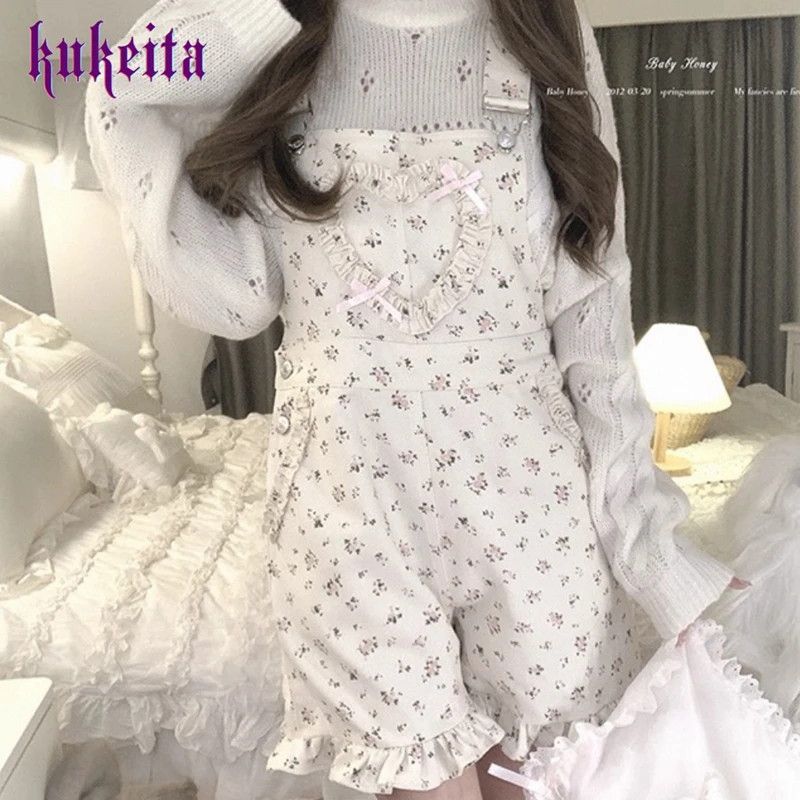 

Женские шорты-комбинезон Kukeita Harajuku с цветочным принтом, в японском стиле Кавай Лолита, с оборками в виде сердечек, на бретельках, с бантом, в стиле Y2K