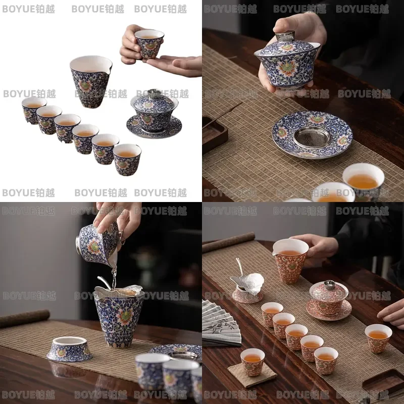 Dujing Mountain House Huang Xudong Gold Award Work Handmade Silk Silver Color Kung Fu Tea Set Silk Enamel Color Tea Set