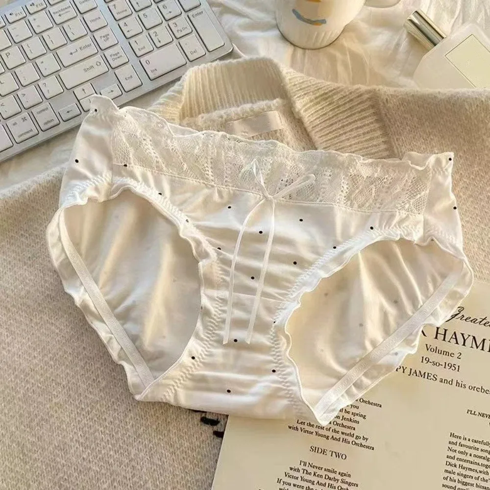 

Breathable Mid-waist Underwear Women Ruffle Dots Sweet Panties Underpants Patchwork Lace Mesh Underwear Summer