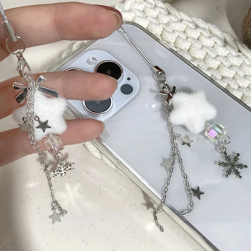 Flocking Star Phone Chain Snowflake Charm Lanyard Anti-Lost Hanging Rope Bag Decor Pendant Christmas Gifts