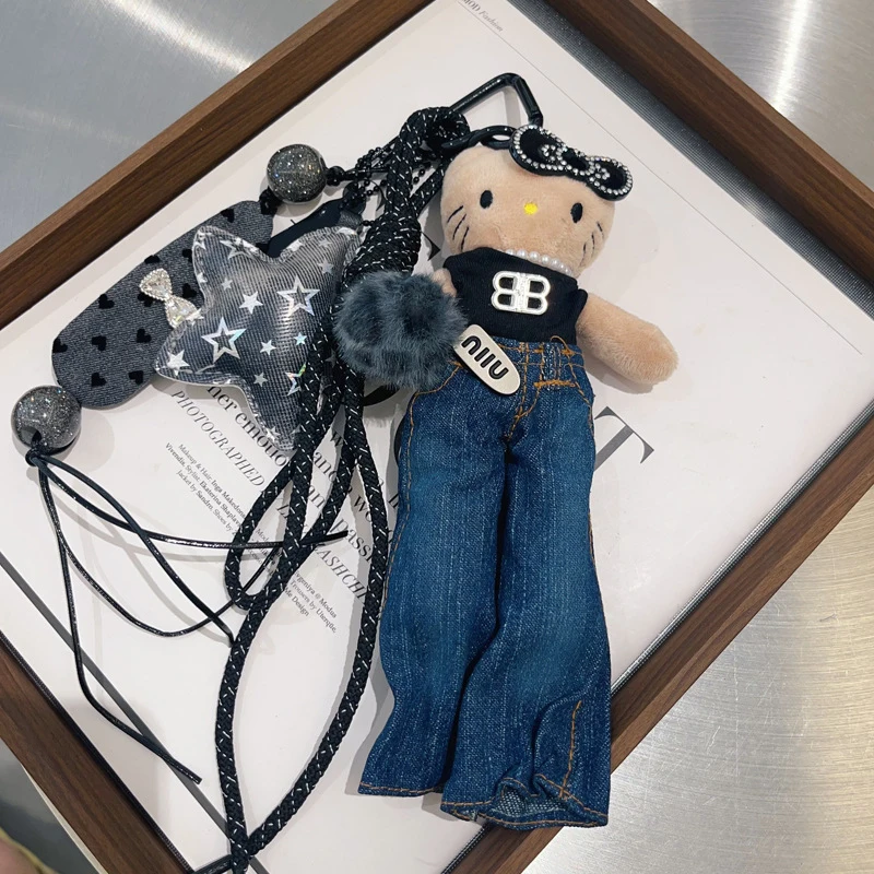 Sanrios-Pantalones vaqueros Hellokittys de pierna larga, llavero de muñeco de peluche, decoración colgante, bolsa, colgante de llave de coche, regalo para niñas, accesorio