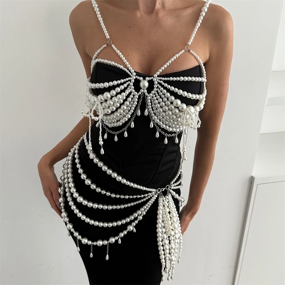 ​Luxury Multilayer Imitation Pearl Mesh Chest Chain Body Chain for Women Bikini Body Jewelry Nightclub Festival Accessories