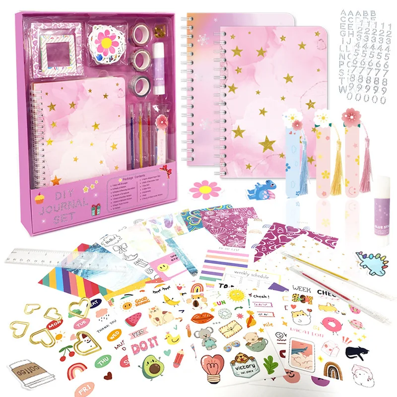 

Children'S Diary Sticker Stationery Set Teenage Scrapbook Diy Handbook Gift Box Pink Notebook Sets Christmas Gifts