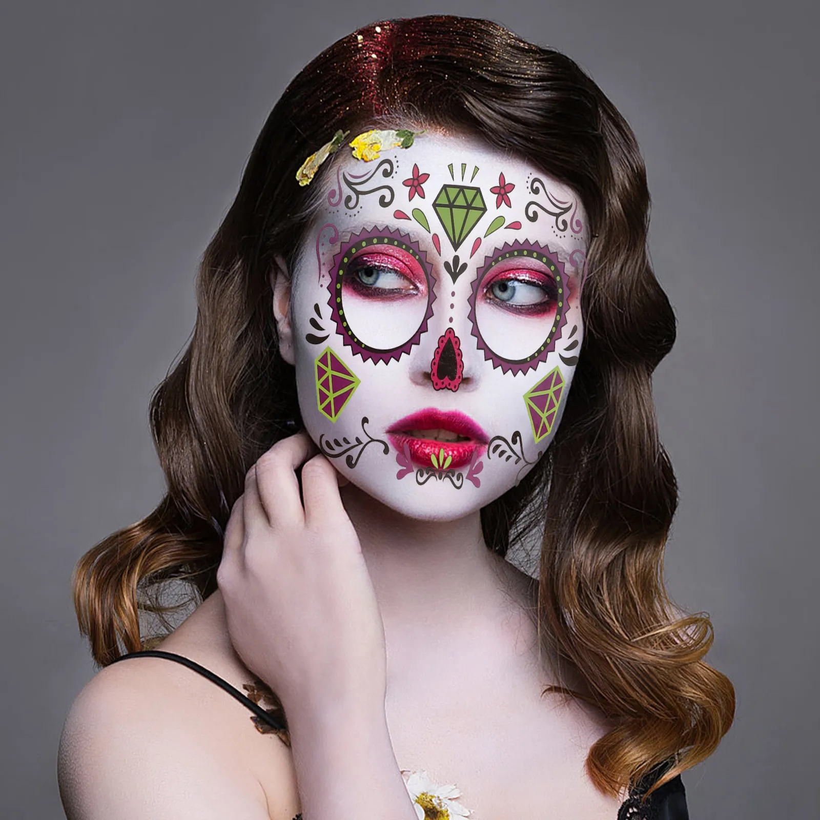 10 Sheets Halloween Skeleton Face Stickers Halloween Temporary Tattoos Stickers Horror Skull Makeup  Face Decalsrandom Style