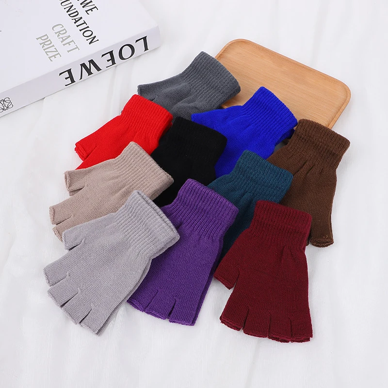 

1 Pair Colorful Knitted Short Half Finger Gloves Autumn Winter Knitted Elastic Warm Wrist Glove Solid Color Cycling Accessories