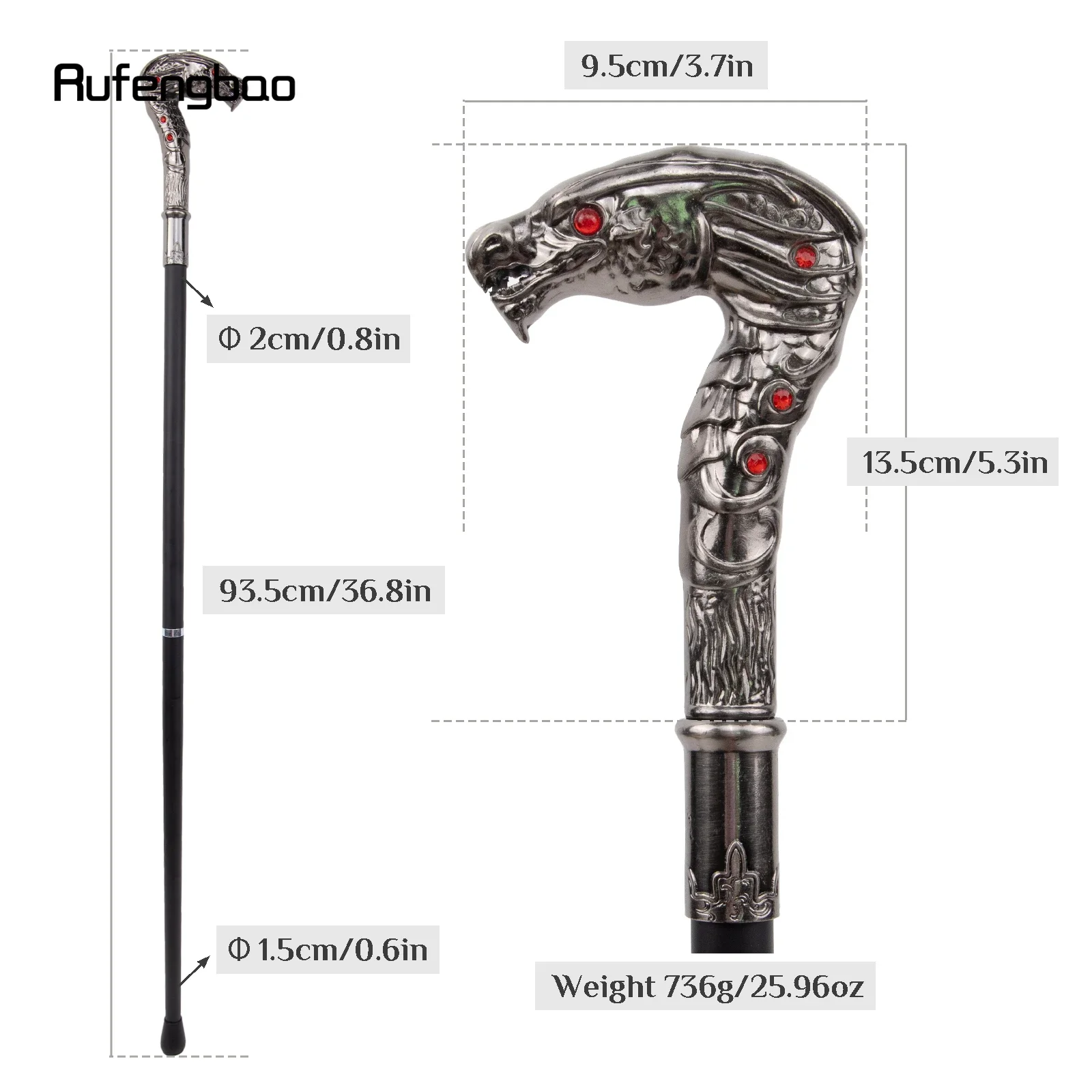 Red Eye Dragon Silber Luxus Spazierstock Party Mode Eleganter Spazierstock Dekorativer Cospaly Cane Knopf Crosier 93cm
