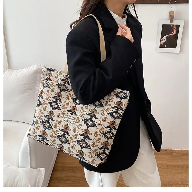 

2026 New Adras Ethnic Style Portable Women's Large Capacity Underarm Shoulder Bag Canvas Mommy Commuting Shopping Tote Bag