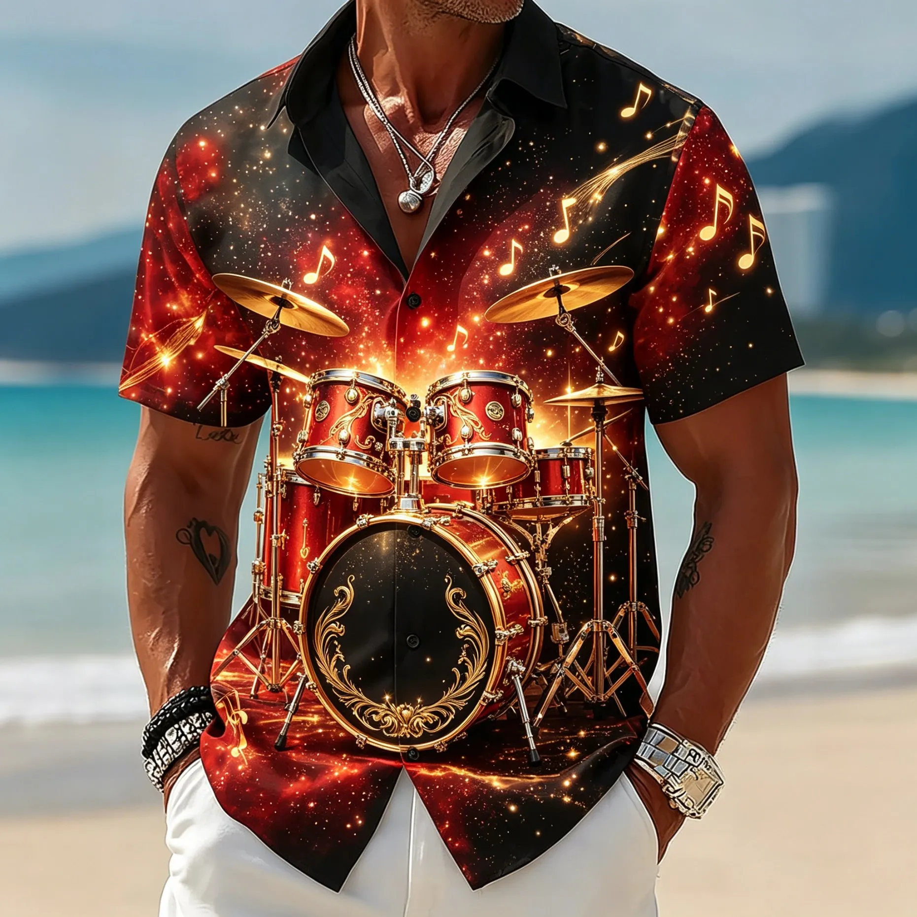 

Men's Red Black Drum Set Print Short Sleeve Shirt Rock Music Sparkle Graphic Casual Cuban Collar Top for Spring & Summer