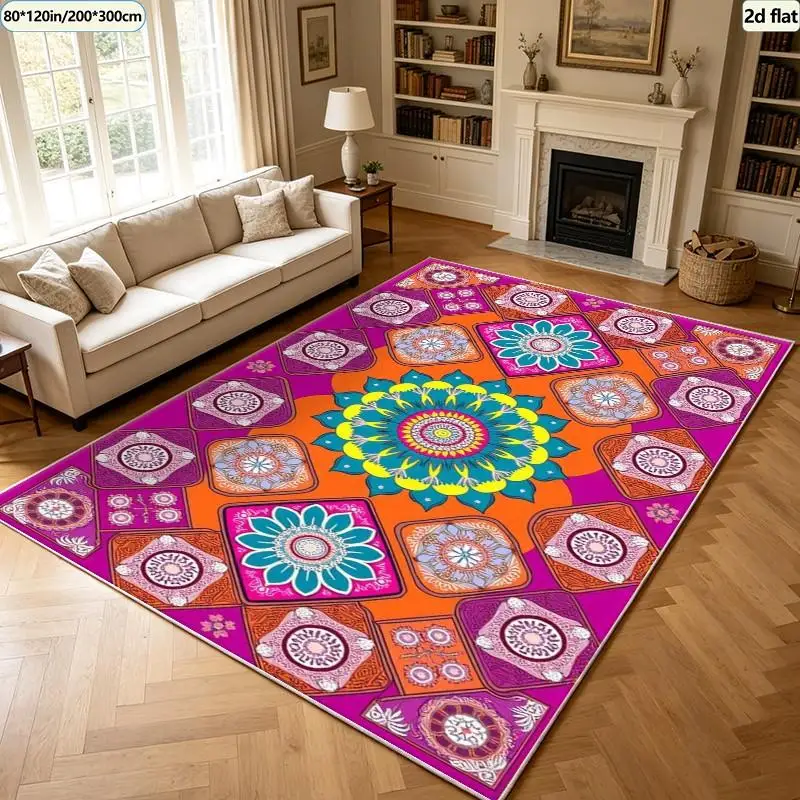 Colorful Mandala Bohemian Floral Diamond Pattern Carpet Washable Carpet Non-Slip Indoor Living Room Bedroom Home Floor Carpet