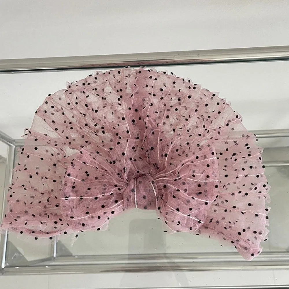 Breathable Fabric Polka Dot Mesh Bonnet Folded Design Turban Women Headscarf Hat Wrinkle Lace Chic Beanie Cap Casual Wear