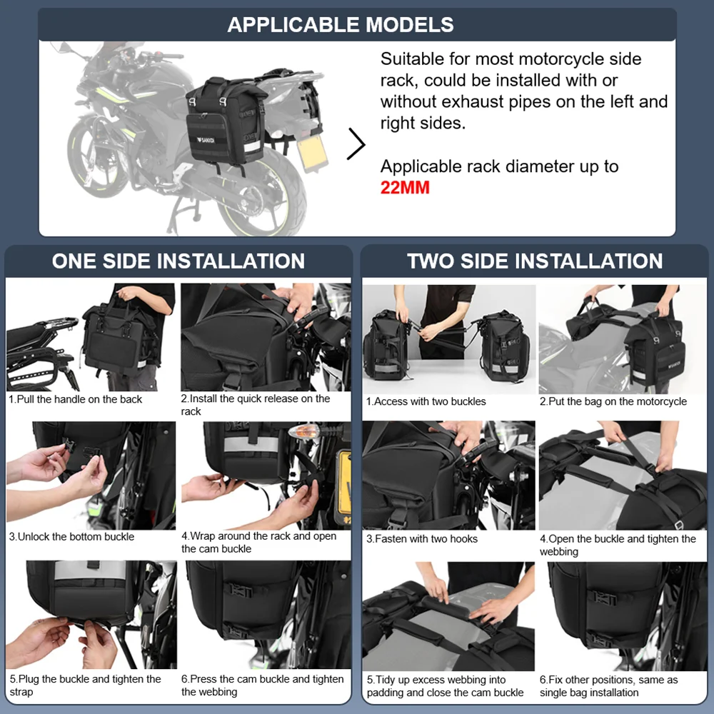 Tas sadel sepeda motor 20L-30L, tas samping Universal dengan 100% dapat dilepas tahan air, tas dalam perjalanan koper sepeda motor