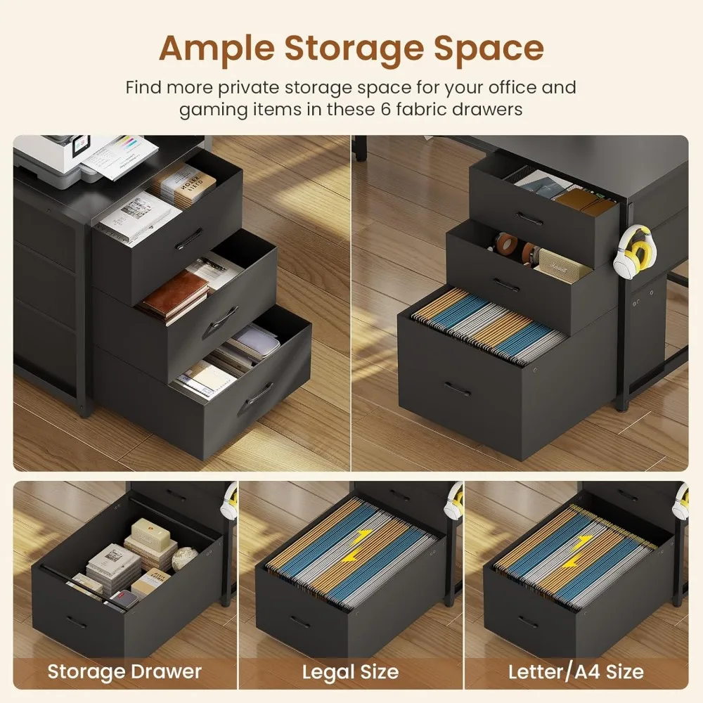 L-Shaped Gaming Desk with Drawers, Reversible Corner Desk for Home Office, File Drawer, Storage Shelves, Ergonomic Design