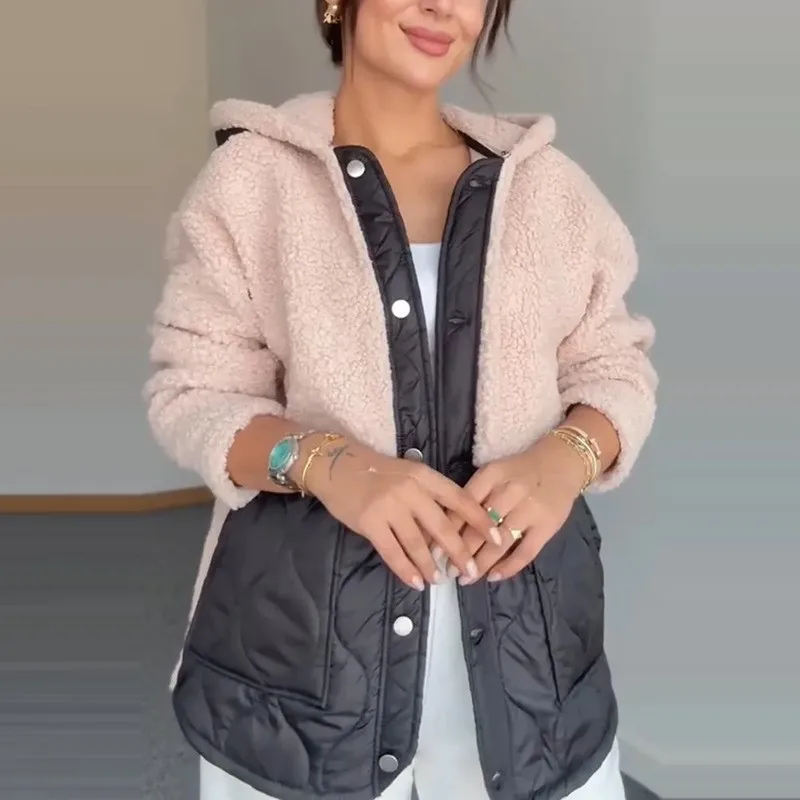 Fashion Casual Hooded Jacket Short Coat 2025 Women Winter Color-blocking Patchwork Pocket Single Breasted Long Sleeve Jacket